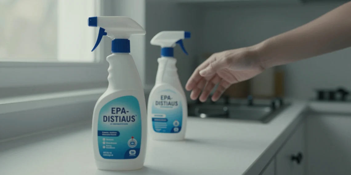 No todos los desinfectantes matan el coronavirus: lo que la etiqueta de tu producto no siempre dice claramente 1 Mano dudando ante un spray desinfectante genérico junto a un producto registrado contra el coronavirus en una cocina