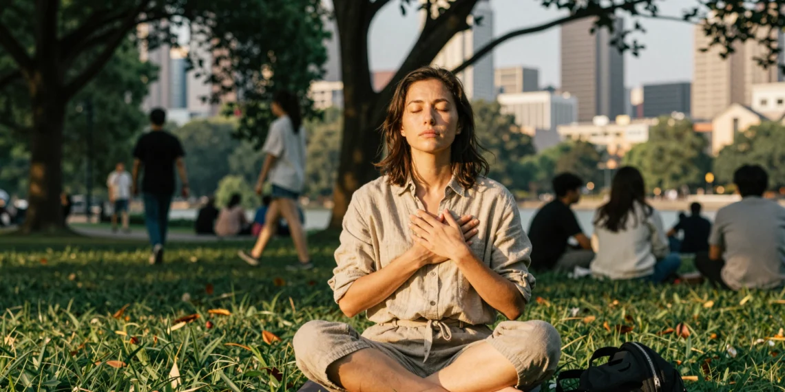 Bienestar integral: el enfoque holístico que conecta salud física, emocional y social para transformar tu vida 1 Mujer meditando en un parque urbano al atardecer, simbolizando el bienestar holístico físico, emocional y social.