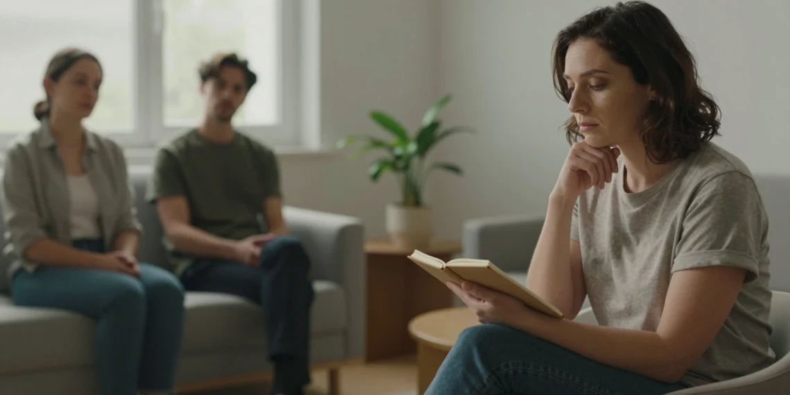 Salud mental o emocional: lo que casi nadie distingue y marca la diferencia en cómo cuidamos nuestra mente 1 Mujer reflexiva en consulta moderna sostiene un cuaderno, evocando la diferencia entre salud mental y emocional