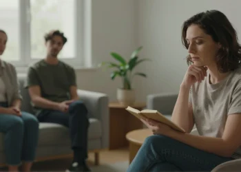 Salud mental o emocional: lo que casi nadie distingue y marca la diferencia en cómo cuidamos nuestra mente 9 Mujer reflexiva en consulta moderna sostiene un cuaderno, evocando la diferencia entre salud mental y emocional