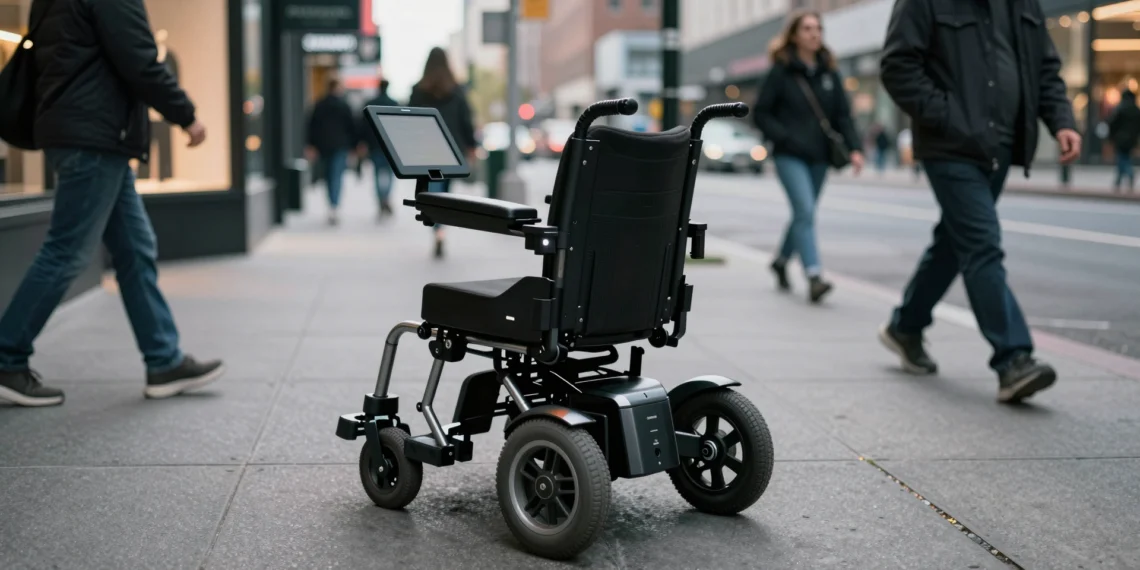 Dos sillas de ruedas «inteligentes» llegan al mercado sin receta ni seguro médico, pero los expertos advierten que algo esencial falta 1 Silla de ruedas motorizada inteligente vacía en una acera urbana concurrida, rodeada de peatones borrosos