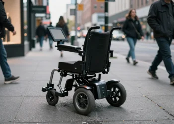 Dos sillas de ruedas «inteligentes» llegan al mercado sin receta ni seguro médico, pero los expertos advierten que algo esencial falta 1 Silla de ruedas motorizada inteligente vacía en una acera urbana concurrida, rodeada de peatones borrosos
