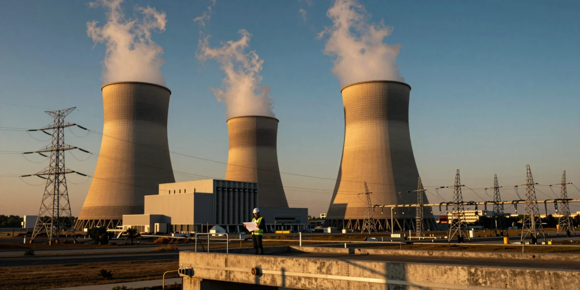 Un año de inversión masiva en energía: EE. UU. apuesta por el renacimiento nuclear y una red eléctrica más barata y fiable 1 Ingeniero eléctrico frente a una central nuclear moderna al atardecer con torres de alta tensión en EE. UU.