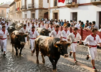 Toros de Fuente Ymbro corriendo por las calles adoquinadas de Pamplona en el encierro de Sanfermines 2026