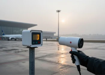 Mano enguantada apuntando un secador de pelo a un sensor meteorológico en el aeropuerto Charles de Gaulle