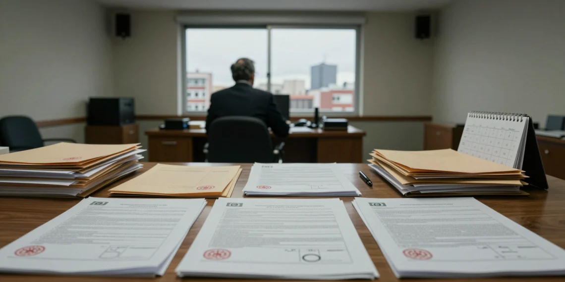 Hacienda tardó seis meses en inspeccionar al pagador de Zapatero pese a que su detención fue portada en toda España 1 Funcionario de Hacienda en oficina gubernamental española con documentos fiscales sin revisar sobre mesa de madera