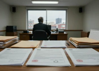 Funcionario de Hacienda en oficina gubernamental española con documentos fiscales sin revisar sobre mesa de madera