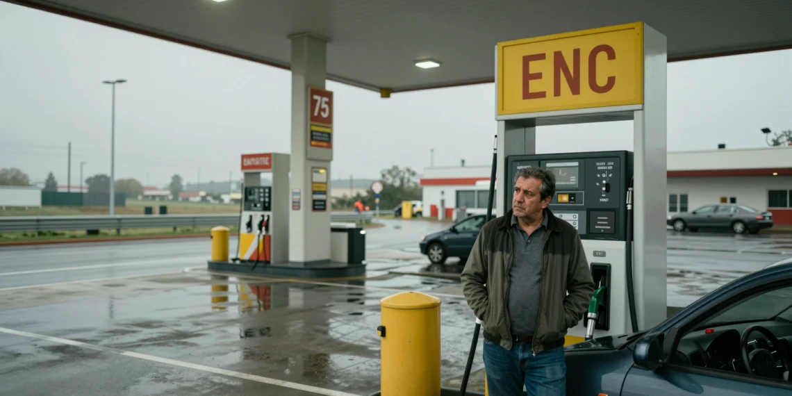 El petróleo cae a niveles previos a la guerra, pero los conductores españoles siguen pagando de más en el surtidor 1 Conductor español repostando gasolina junto a un surtidor con precios elevados en euros por litro en una gasolinera