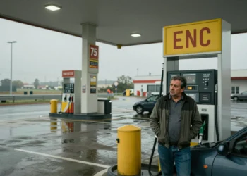 El petróleo cae a niveles previos a la guerra, pero los conductores españoles siguen pagando de más en el surtidor 5 Conductor español repostando gasolina junto a un surtidor con precios elevados en euros por litro en una gasolinera