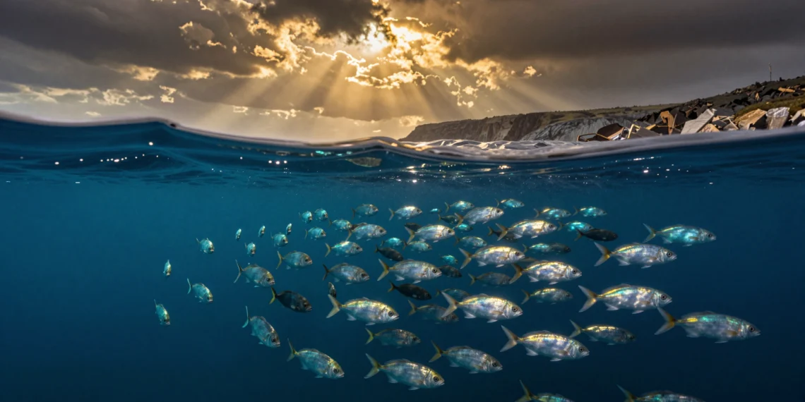 Llamamos a nuestra era geológica la «Edad de los Mamíferos», pero hay otro grupo animal que lleva 66 millones de años superándonos 1 Banco de peces teleósteos plateados bajo el agua con cielo tormentoso dorado sobre la superficie del océano