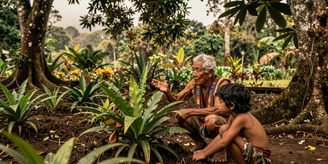 Científicos reconocen la ciencia Shuar como sistema empírico independiente con soluciones reales para la salud del planeta 1 Anciano shuar transmite conocimiento ancestral a un niño en un jardín amazónico tradicional en Ecuador