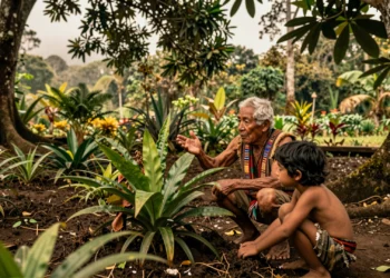 Científicos reconocen la ciencia Shuar como sistema empírico independiente con soluciones reales para la salud del planeta 3 Anciano shuar transmite conocimiento ancestral a un niño en un jardín amazónico tradicional en Ecuador