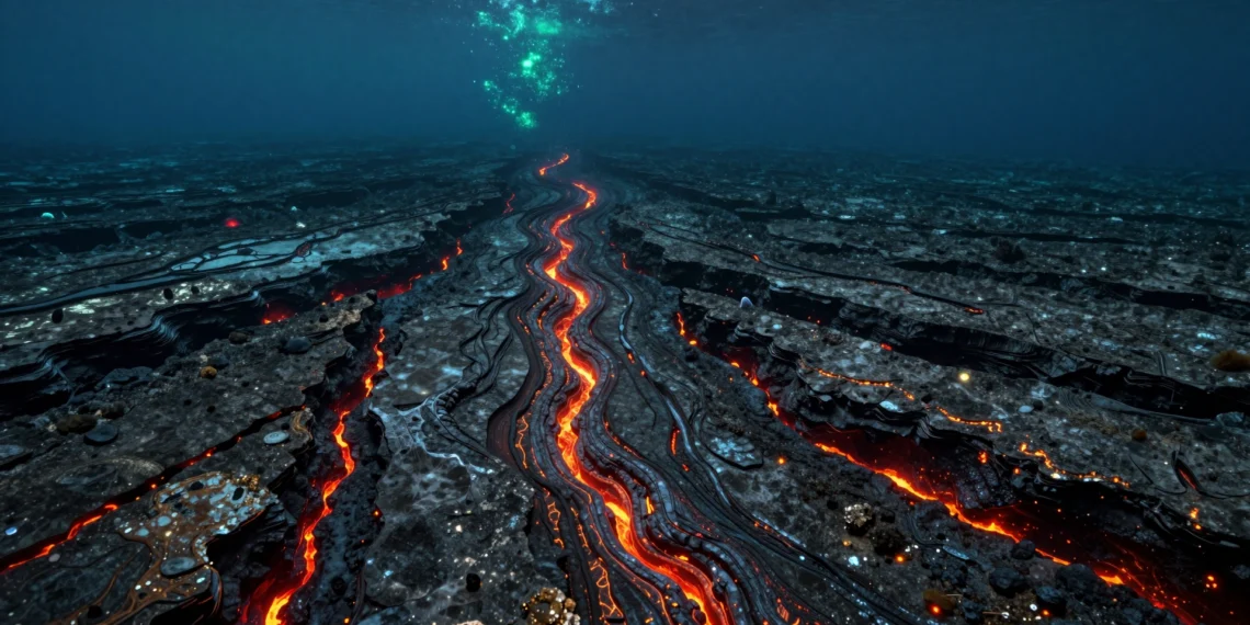 Ondas sísmicas revelan cómo la mayor erupción volcánica de la historia fracturó y rediseñó una placa oceánica entera hace 120 millones de años 1 Fondo oceánico con plateau basáltico fracturado por diques de magma de la mayor erupción volcánica hace 120 millones de años