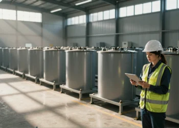 Peak Energy y General Motors apuestan por las baterías de sodio-ion que prometen durar 20 años sin sistema de refrigeración 4 Ingeniera revisando baterías de sodio-ion industriales en planta de almacenamiento sin refrigeración