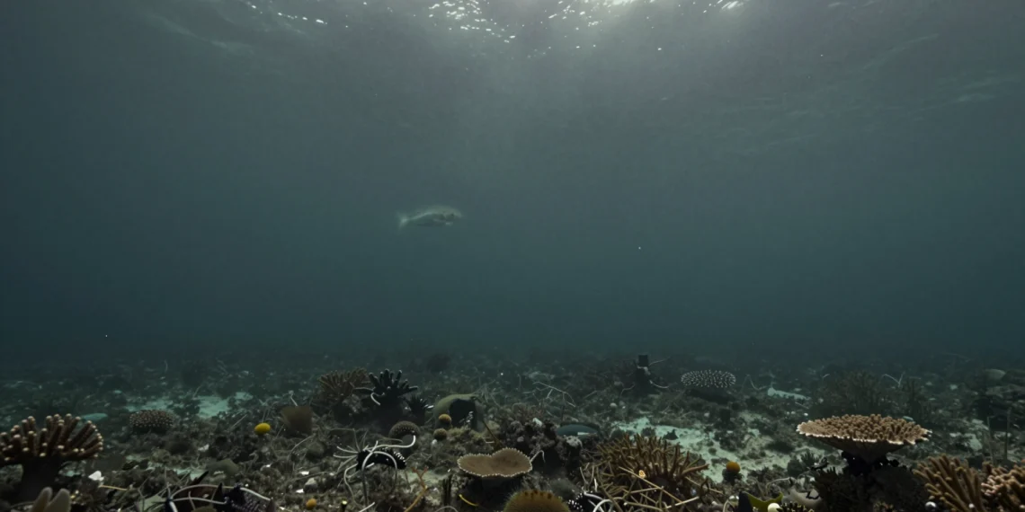 Las aguas del planeta pierden oxígeno en silencio: científicos advierten de un riesgo planetario que lleva décadas ignorado 1 Vista submarina de un océano con déficit de oxígeno, agua oscura y turbia, con un pez solitario y coral muerto en penumbra