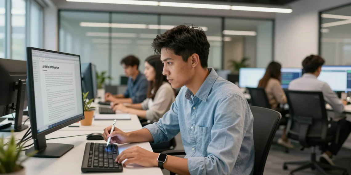Saber cómo se dice inteligencia artificial en inglés abre más puertas de las que imaginas en el mundo tecnológico 1 Profesional hispano joven trabajando con documentación técnica en inglés sobre inteligencia artificial en una oficina moderna