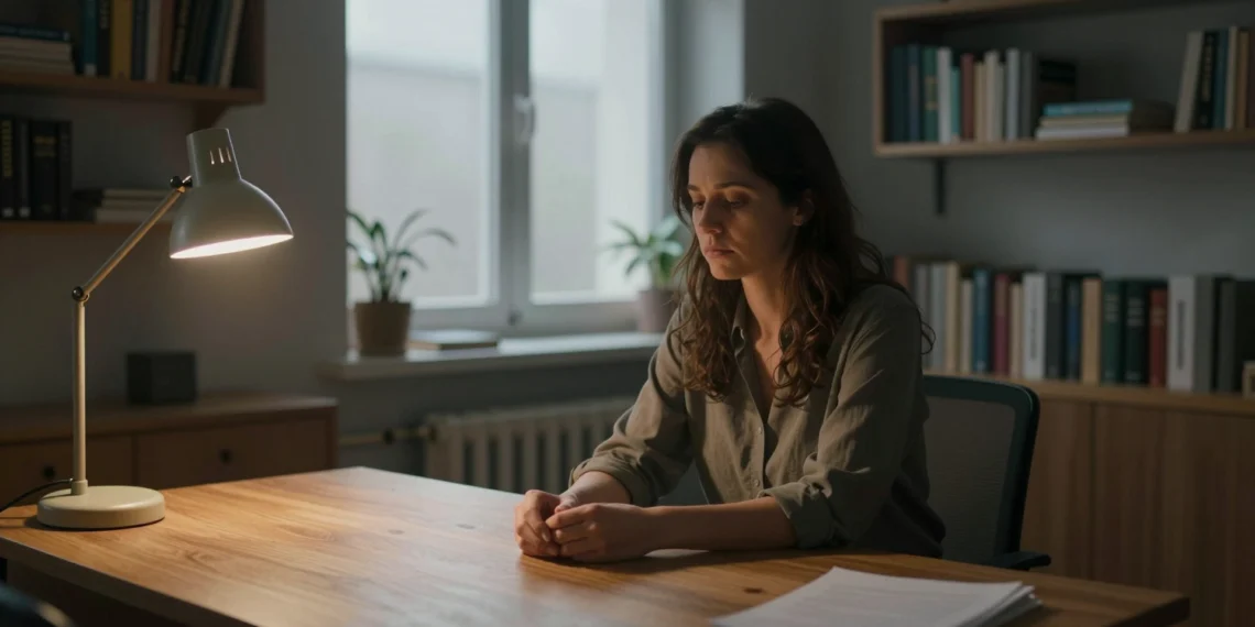 Cuando la resiliencia no desaparece, sino que se vuelve inaccesible: el marco que lo cambia todo 1 Mujer contemplando sus manos abiertas en un despacho terapéutico iluminado, simbolizando la resiliencia inaccesible