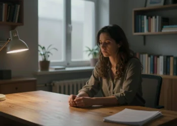 Cuando la resiliencia no desaparece, sino que se vuelve inaccesible: el marco que lo cambia todo 4 Mujer contemplando sus manos abiertas en un despacho terapéutico iluminado, simbolizando la resiliencia inaccesible