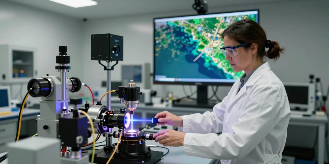 Una imagen de Landsat vista en el instituto cambió su vida: ahora calibra los ojos de la NASA en el espacio 1 Científica en bata blanca calibrando instrumentos ópticos en laboratorio de la NASA con imagen Landsat al fondo