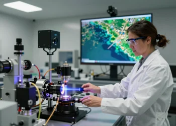 Una imagen de Landsat vista en el instituto cambió su vida: ahora calibra los ojos de la NASA en el espacio 10 Científica en bata blanca calibrando instrumentos ópticos en laboratorio de la NASA con imagen Landsat al fondo