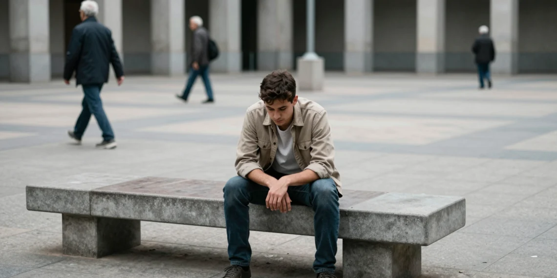 Siete de cada diez españoles ya dan por perdida la pensión pública: la desconfianza generacional alcanza su punto más alto 1 Joven español sentado en una plaza urbana de Madrid con expresión de resignación, con pensionistas al fondo