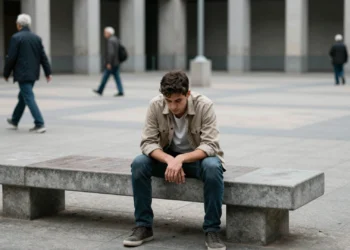 Joven español sentado en una plaza urbana de Madrid con expresión de resignación, con pensionistas al fondo