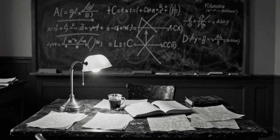 Einstein, el genio que también se equivocó: los errores del científico más célebre de la historia y lo que nos enseñan 1 Escritorio vintage con ecuaciones manuscritas y pizarra con fórmulas tachadas, símbolo del proceso científico de Einstein