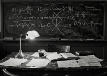 Einstein, el genio que también se equivocó: los errores del científico más célebre de la historia y lo que nos enseñan 5 Escritorio vintage con ecuaciones manuscritas y pizarra con fórmulas tachadas, símbolo del proceso científico de Einstein