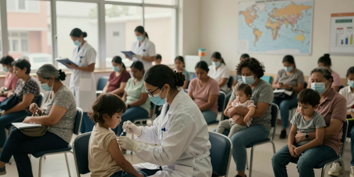 Salud pública: la disciplina que protege a millones de personas sin que casi nadie sepa exactamente cómo funciona 1 Trabajador sanitario administrando una vacuna a un niño en un centro de salud comunitario con familias esperando al fondo