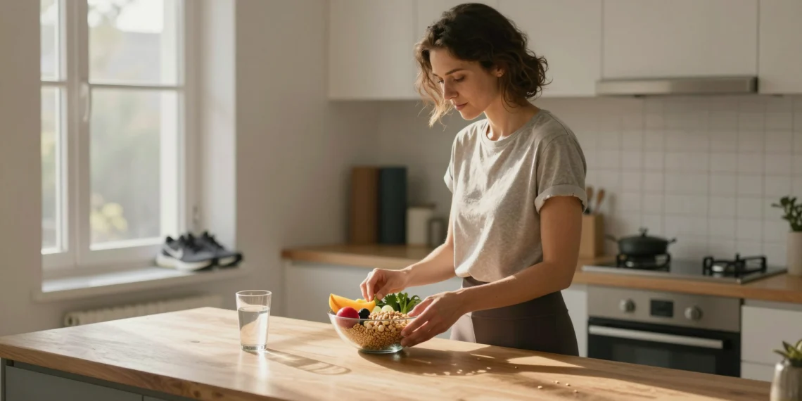 Hábitos saludables que cualquier persona puede incorporar hoy mismo para transformar su bienestar de forma duradera 1 Mujer preparando un bol de frutas y cereales junto a una ventana soleada, con zapatillas y esterilla de yoga al fondo