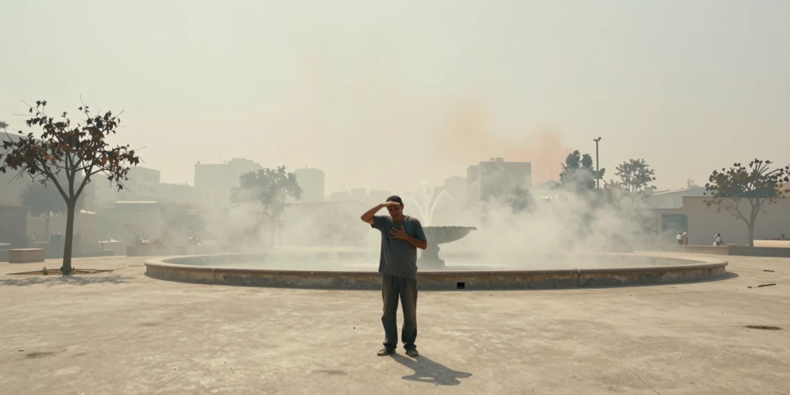 Cómo el cambio climático afecta al ser humano sistema a sistema, desde el corazón hasta el cerebro 1 Persona sola en plaza urbana bajo calor extremo, con smog anaranjado y cielo blanquecino por el cambio climático