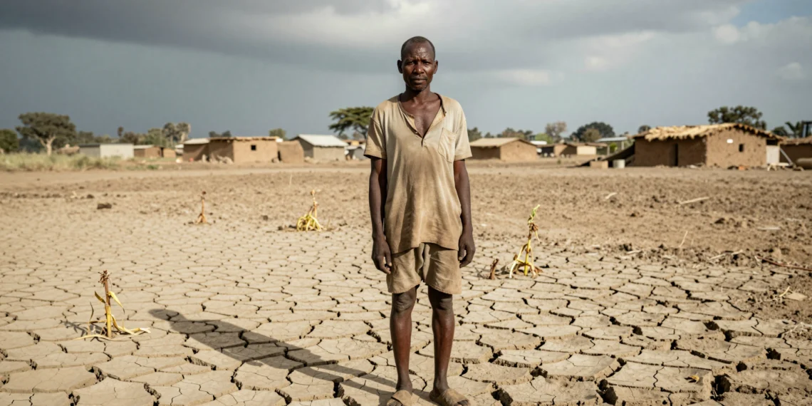 Variabilidad y cambio climático reducen el crédito bancario en las economías más frágiles de África, según un nuevo estudio 1 Agricultor subsahariano en campo agrietado por la sequía bajo un cielo blanquecino, con una tormenta en el horizonte