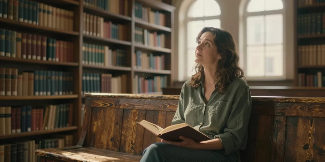 Frases de la salud mental que llevan siglos diciéndonos algo que la ciencia acaba de confirmar 1 Mujer reflexiva leyendo un libro en una biblioteca antigua con luz dorada, evocando sabiduría y bienestar mental