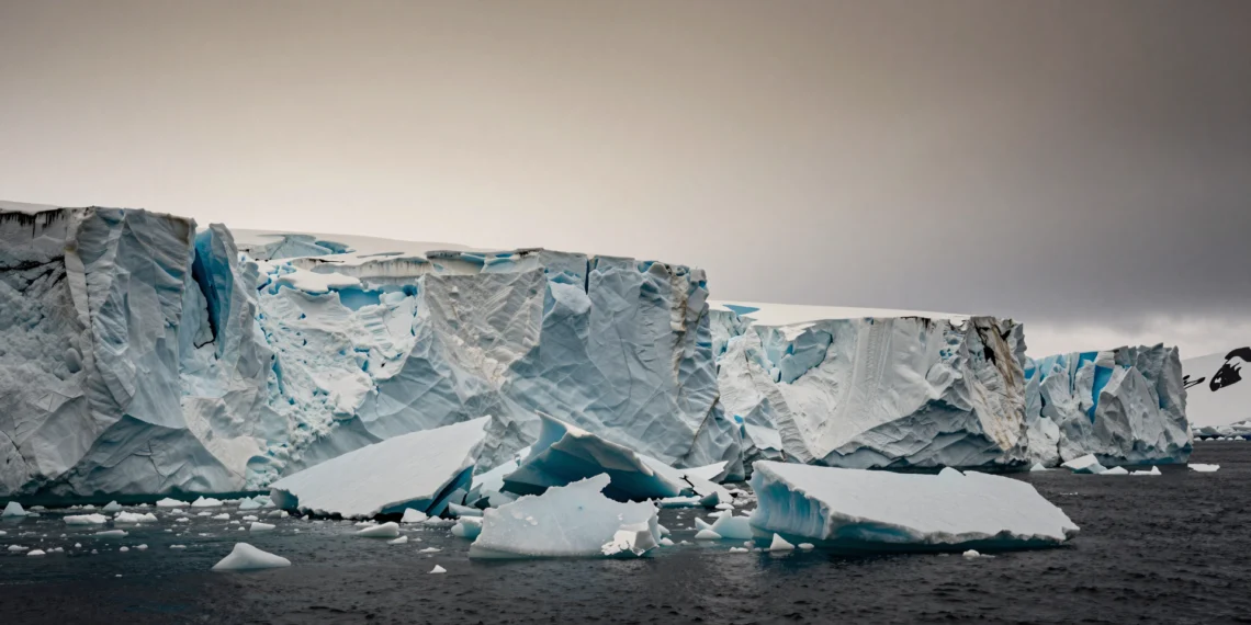 Mentiras del cambio climático: la ciencia demuestra que el retroceso del glaciar Pine Island no fue solo cosa de la naturaleza 1 Retroceso del glaciar Pine Island en la Antártida: bloques de hielo azul se fragmentan en aguas oscuras del océano polar