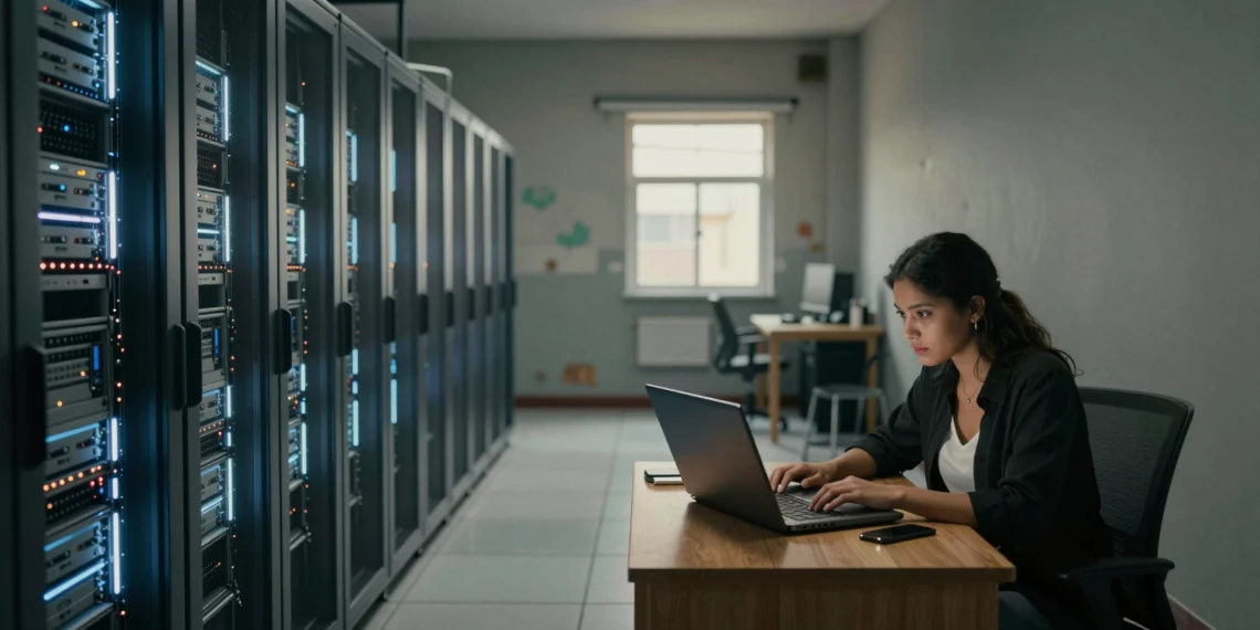 Últimas noticias sobre inteligencia artificial: mientras el mundo habla de revolución tecnológica, la brecha digital se hace más profunda que nunca 1 Joven mujer trabajando en un portátil antiguo junto a un moderno centro de datos, simbolizando la brecha digital