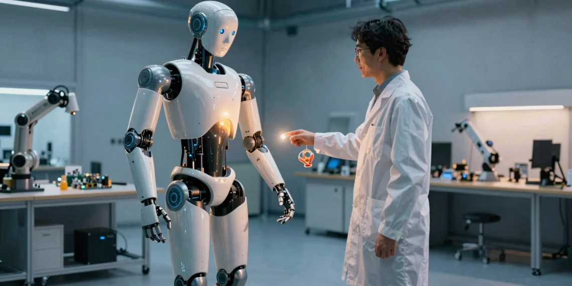 GENE.01, el humanoide italiano que aprendió a sentir el mundo en solo seis meses 1 Robot humanoide GENE.01 con piel multisensorial en laboratorio de robótica italiano junto a investigador con bata blanca