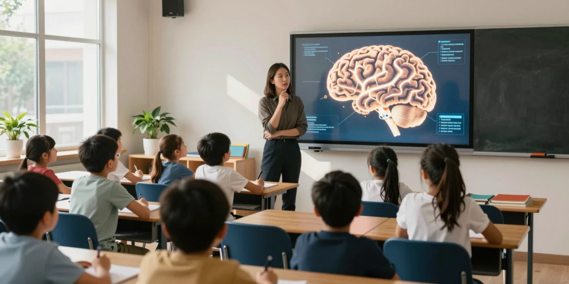Neurociencia y educación: lo que el cerebro revela está cambiando la forma en que se enseña en las aulas 1 Maestra junto a pizarra interactiva con diagrama cerebral ante alumnos curiosos en aula moderna iluminada