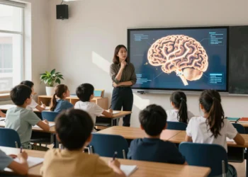Neurociencia y educación: lo que el cerebro revela está cambiando la forma en que se enseña en las aulas 6 Maestra junto a pizarra interactiva con diagrama cerebral ante alumnos curiosos en aula moderna iluminada