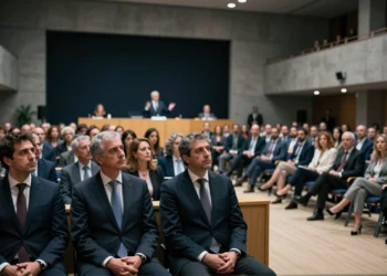 Dirigentes de Vox y el PP en un auditorio político formal durante un acto de reconciliación institucional en España
