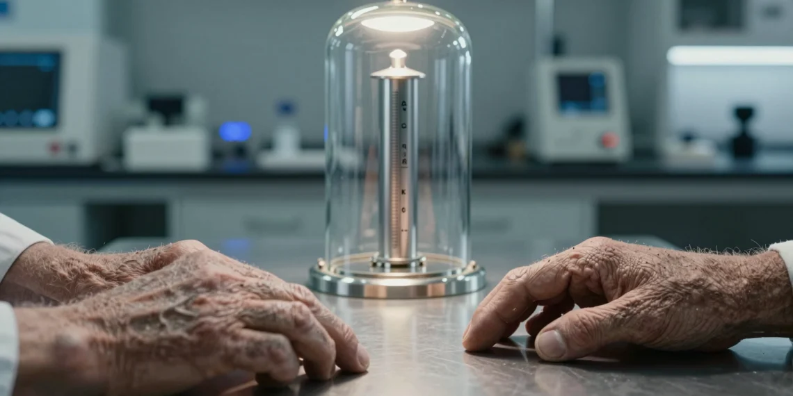 El sistema de medición más exacto del mundo todavía usa los nudillos de los dedos y la sensibilidad visual de los humanos primitivos 1 Manos humanas sobre mesa de laboratorio junto a réplica del Gran K, simbolizando el origen humano de la medición científica