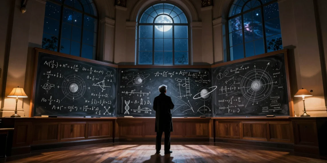 Las teorías científicas más importantes de la historia: el conocimiento que explica todo lo que nos rodea 1 Científico ante una pizarra con ecuaciones, órbitas y ADN en una sala universitaria iluminada por luz cálida y lunar