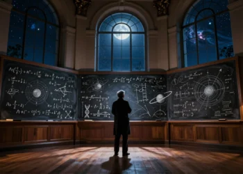 Las teorías científicas más importantes de la historia: el conocimiento que explica todo lo que nos rodea 6 Científico ante una pizarra con ecuaciones, órbitas y ADN en una sala universitaria iluminada por luz cálida y lunar