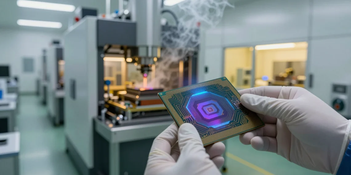 Detrás de cada salto en inteligencia artificial hay una carrera silenciosa por los materiales que lo hacen posible 1 Técnico manipulando una oblea de silicio en sala limpia de fabricación de semiconductores para inteligencia artificial