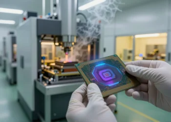 Detrás de cada salto en inteligencia artificial hay una carrera silenciosa por los materiales que lo hacen posible 10 Técnico manipulando una oblea de silicio en sala limpia de fabricación de semiconductores para inteligencia artificial