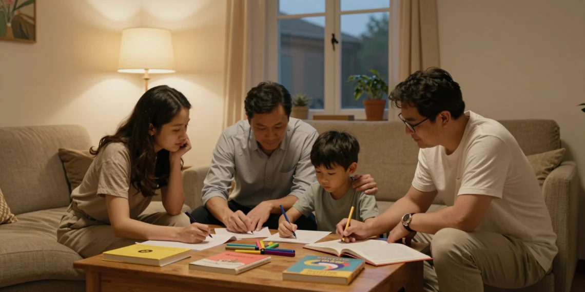 Bienestar en la familia: lo que la ciencia dice que realmente marca la diferencia en el hogar 1 Familia multigeneracional reunida en el salón por la noche, dibujando y conversando juntos en un ambiente cálido y acogedor.