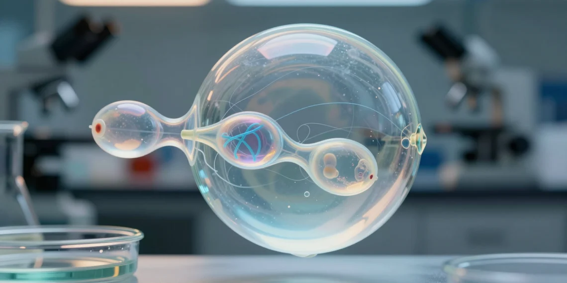 Construida pieza a pieza desde cero, una célula sintética acaba de crecer y dividirse por primera vez en la historia 1 Célula sintética translúcida dividiéndose en laboratorio, con filamentos de ADN visibles en su interior luminoso