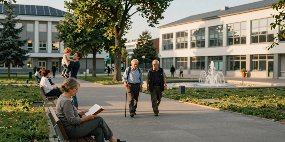 Bienestar social: el concepto que gobiernos y organismos internacionales usan para medir si una sociedad realmente vive bien 1 Plaza urbana europea al atardecer con ciudadanos diversos disfrutando de espacios públicos, escuela y clínica al fondo