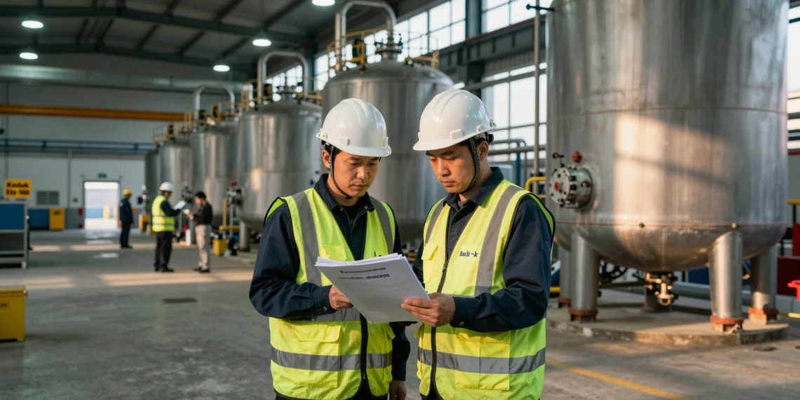 Seguridad química en la industria: cómo la EPA guía a miles de instalaciones para cumplir con la normativa de riesgos 1 Técnico de seguridad con casco blanco revisa normativa EPA junto a tanques presurizados en instalación química