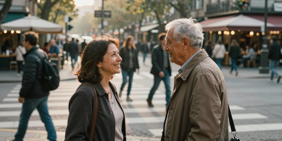 Sonreír a un desconocido puede ser más poderoso de lo que imaginas: la ciencia detrás de los gestos mínimos que transforman comunidades 1 Mujer sonriendo a un anciano en un cruce urbano concurrido, con luz dorada de mañana y ambiente cálido de ciudad