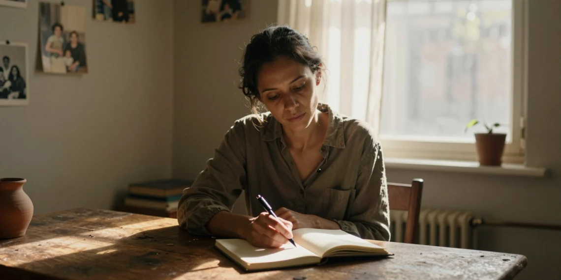 Escribir sobre tus orígenes durante cinco minutos podría cambiar cómo te relacionas contigo mismo y con los demás 1 Mujer reflexiva escribiendo en un diario abierto junto a una ventana iluminada, evocando introspección y autoconocimiento